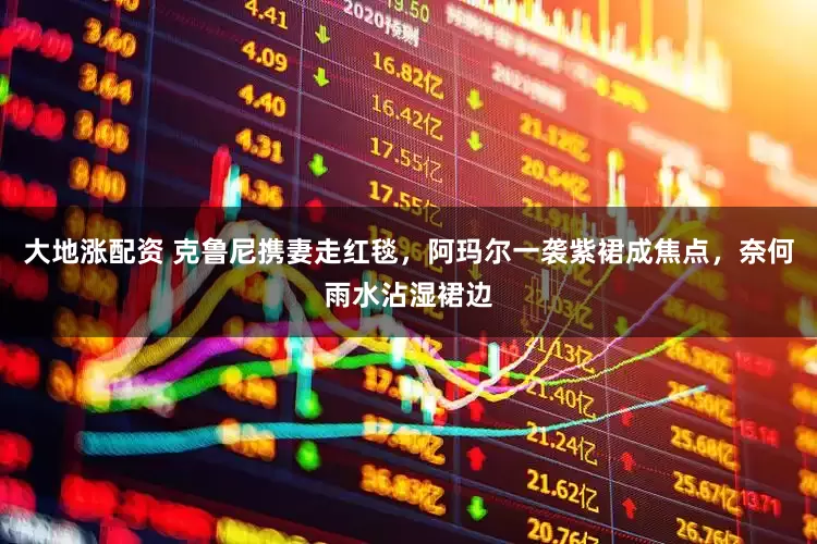 大地涨配资 克鲁尼携妻走红毯，阿玛尔一袭紫裙成焦点，奈何雨水沾湿裙边